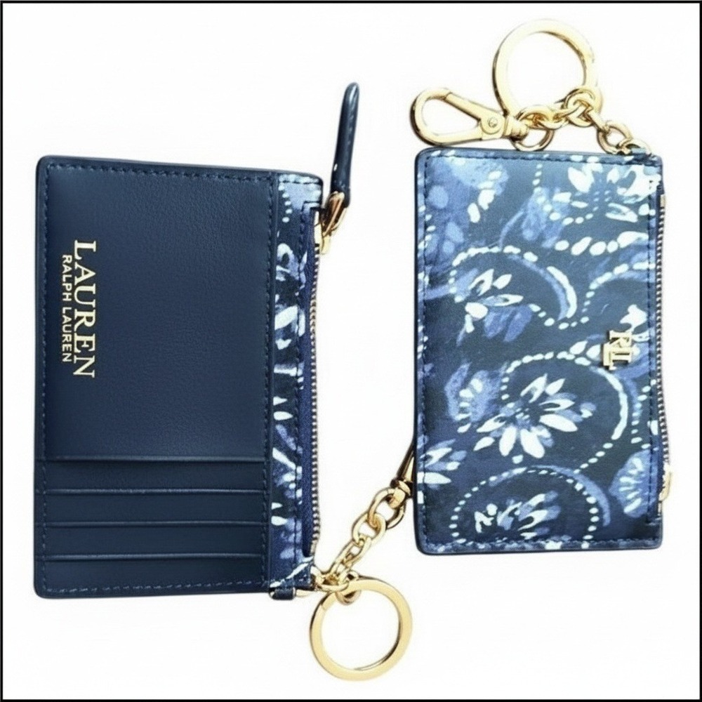 Lauren‎ Ralph Lauren Leather Navy Blue Paisley Zip Card Case Wallet Key Ring NWT